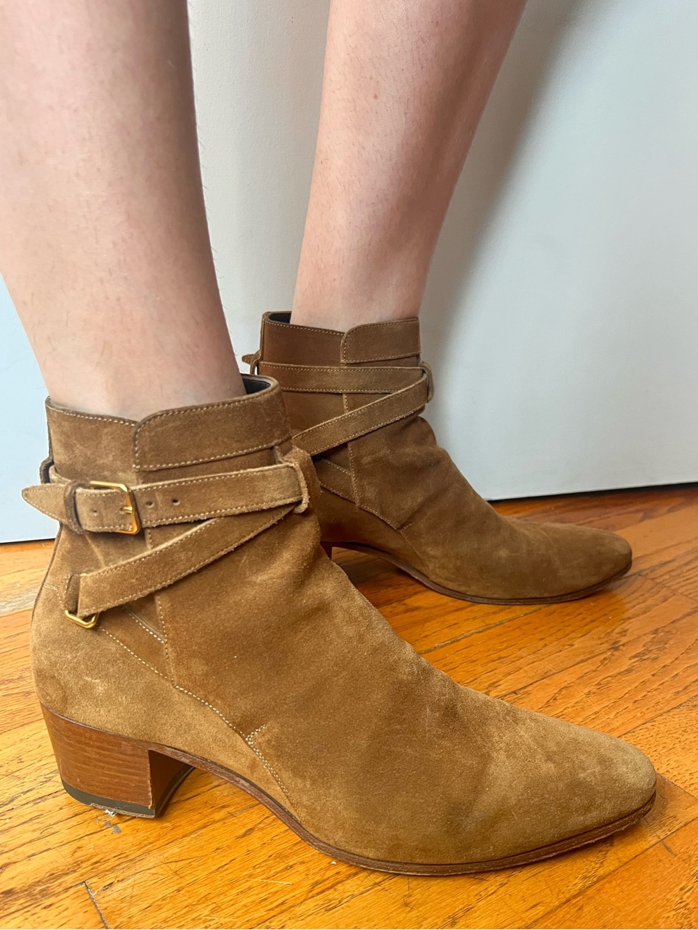 Saint Laurent suede buckle boots